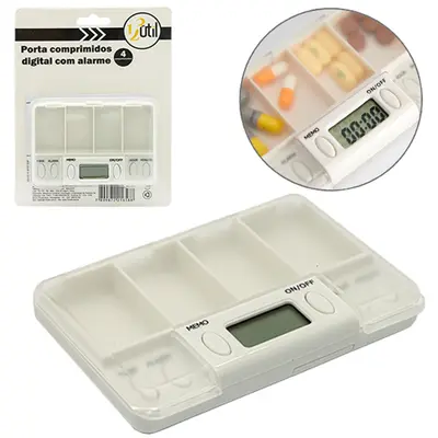 PORTA COMPRIMIDO RETANGULAR DIGITAL COM RELOGIO + ALARME E 4 COMPARTIMENTOS A BATERIA