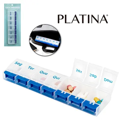 PORTA COMPRIMIDO DE PLASTICO RETANGULAR SEMANAL COM 7 COMPARTIMENTOS PLATINA 22X5X2,5CM