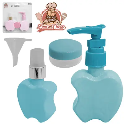 KIT FRASCO DE PLASTICO PET MACA PARA VIAGEM + MINI POTE PORTA CREME 4 PECAS