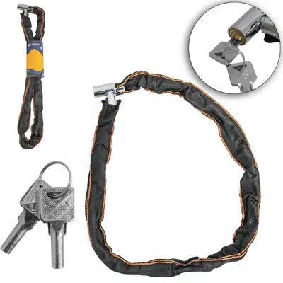 CORRENTE CADEADO TRAVA DE BICICLETA / MOTO COM PROTECAO DE POLIESTER + 2 CHAVES 1M