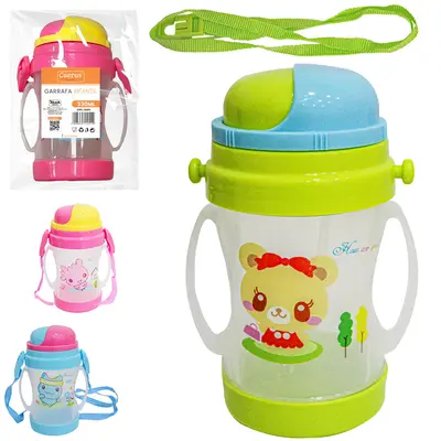 GARRAFA SQUEEZE DE PLASTICO PP COM CANUDO + ALCA 330ML