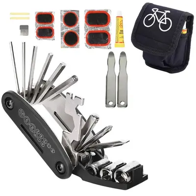 KIT REPARO PARA PNEU DE BICICLETA COM JOGO CHAVE ALLEN TIPO CANIVETE + ACESSORIOS 16 PECAS NO ESTOJO
