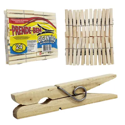 PRENDEDOR DE ROUPA DE MADEIRA GIGANTAO COM 24 PECAS 9X1CM
