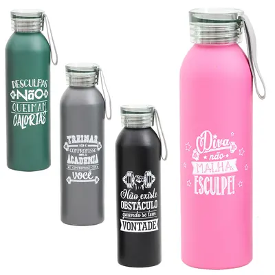 GARRAFA SQUEEZE DE ALUMINIO FRASES COM TAMPA E ALCA DE SILICONE 650ML