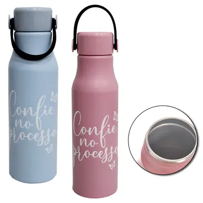 GARRAFA SQUEEZE DE ALUMINIO FRASES COM TAMPA E ALCA DE SILICONE 600ML