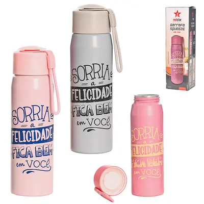 GARRAFA SQUEEZE DE ALUMINIO SPORT ONE DAY SORRIA A FELICIDADE FICA BEM EM VOCE TAMPA E ALCA DE SILICONE 600ML