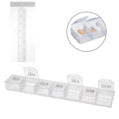 PORTA COMPRIMIDO DE PLASTICO RETANGULAR SEMANAL COM 7 COMPARTIMENTOS 21,5X3,5X2,5CM