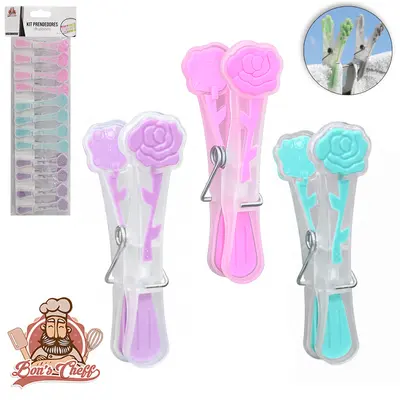 PRENDEDOR DE ROUPA DE PLASTICO COM PONTA EMBORRACHADA ROSAS COLORS 12 PECAS 8X1,5CM