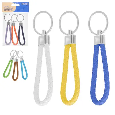CHAVEIRO DE METAL / COURO TRANCADO COLORS COM 3 PECAS 9,2X3CM