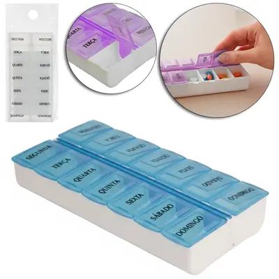 PORTA COMPRIMIDO DE PLASTICO RETANGULAR SEMANAL COM 14 COMPARTIMENTOS 13,5X7CM