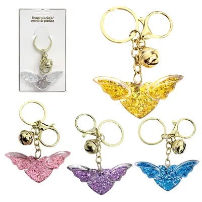 CHAVEIRO DE ACRILICO CORACAO COM ASAS + GLITTER E GUIZO 6,5X3X1CM