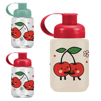 GARRAFA SQUEEZE DE PLASTICO PET CEREJA COM TAMPA E ALCA 330ML