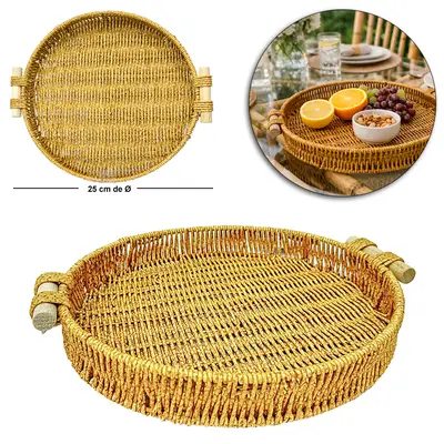 BANDEJA DE PLASTICO TIPO VIME REDONDA COM ALCA DE MADEIRA MOMENT 4,5X28,5X25CM DE Ø