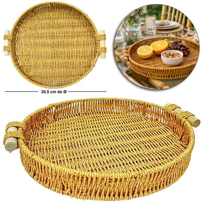 BANDEJA DE PLASTICO TIPO VIME REDONDA COM ALCA DE MADEIRA MOMENT 4,5X34X30,5CM DE Ø