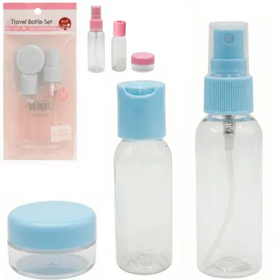 KIT FRASCO DE PLASTICO PARA VIAGEM + MINI POTE PORTA CREME 3 PECAS