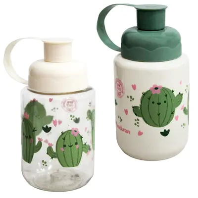 GARRAFA SQUEEZE DE PLASTICO PET CACTOS COM TAMPA E ALCA 330ML