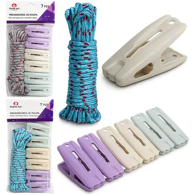 PRENDEDOR DE ROUPA DE PLASTICO COLORS COM 6 PECAS 6X2,5CM + CORDA MESCLADA DE VARAL 5,2M