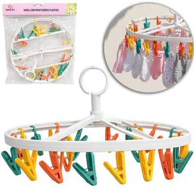 VARAL DE PENDURAR DE PLASTICO REDONDO FIXO COM 18 PRENDEDORES 10,5X33CM DE Ø