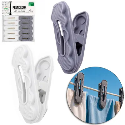 PRENDEDOR DE ROUPA DE PLASTICO BRANCO / CINZA COM 10 PECAS 6X2CM