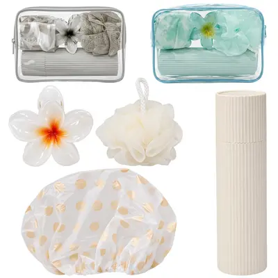 KIT VIAGEM C/PORTA ESCOVA + ESPONJA / BUCHA DE NYLON PARA BANHO + TOUCA E PIRANHA FLOR NA NECESSAIRE