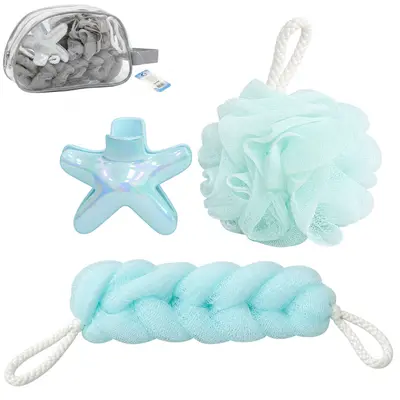 KIT VIAGEM COM 2 ESPONJA / BUCHA DE NYLON PARA BANHO + PIRANHA ESTRELA NA NECESSAIRE