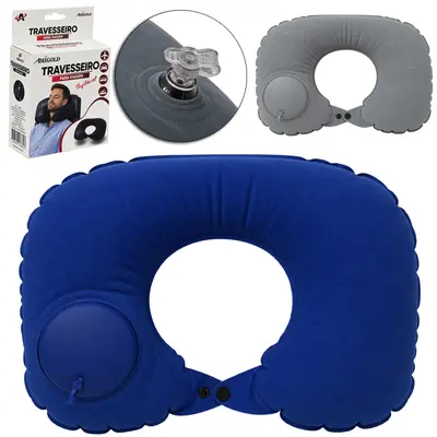 ALMOFADA INFLAVEL PVC DE PESCOCO / TRAVESSEIRO DE VIAGEM COM BOTAO PARA INFLAR 36X25CM