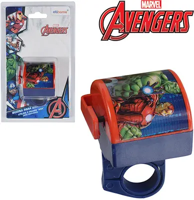 BUZINA PARA BICICLETA INFANTIL COM CABECA MOVEL A PILHA VINGADORES/AVENGERS NA CARTELA