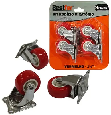 KIT RODIZIO GIRATORIO VERMELHO 1½'' COM 4 PECAS NA CARTELA