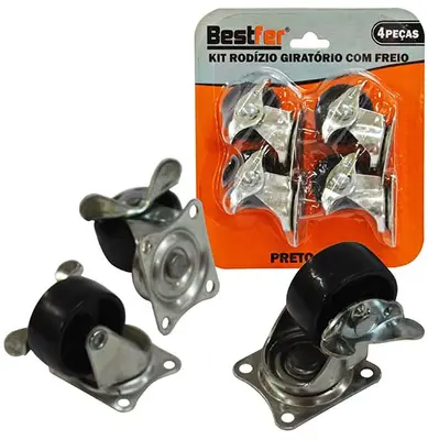 KIT RODIZIO GIRATORIO PRETO COM FREIO 1½'' COM 4 PECAS NA CARTELA