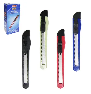 ESTILETE LAMINA ESTREITA 9MM DE PLASTICO HOT COLORS COM 12 PECAS 13CM