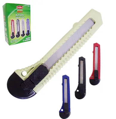 ESTILETE LAMINA LARGA 18MM DE PLASTICO COLORS HOT KIT COM 12 PECAS 15CM