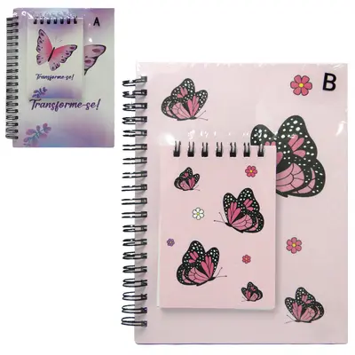 CADERNETA / BLOCO DE ANOTACAO ESPIRAL BORBOLETA COM 2 PECAS 48 FOLHAS 18X14 / 10,5X7CM