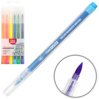 CANETA MARCA TEXTO ILUMINADORA NEON MARKER BRUSH YINS PAPER COM 6 PECAS