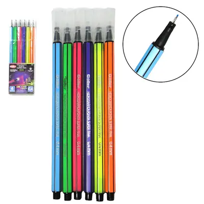 CANETA HIDROGRAFICA NEON FLUORESCENTE COLORS 0.4MM PONTA SUPER FINA COM 6 PECAS