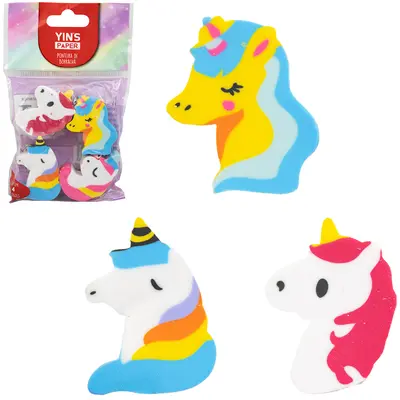 BORRACHA ESCOLAR PONTEIRA UNICORNIO YINS PAPER COM 4 PECAS