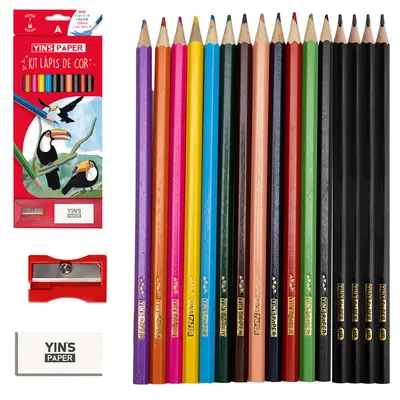 LAPIS DE COR SEXTAVADO 12 CORES + APONTADOR + BORRACHA E 4 LAPIS GRAFITE HB YINS PAPER