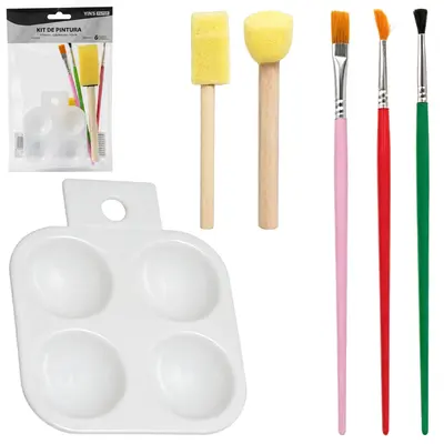 PINCEL ARTISTICO COM BATEDOR DE ESPUMA + PALETA GODE DE PLASTICO PARA PINTURA YINS PAPER 6 PECAS