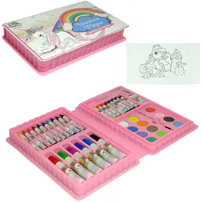 ESTOJO MALETA ESCOLAR UNICORNIO MAGICO COM LAPIS DE COR + GIZ DE CERA E ACESSORIOS 42 PECAS