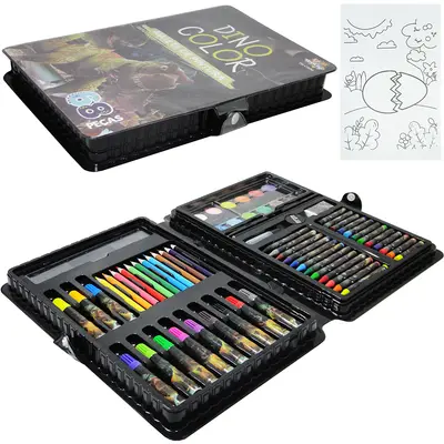 ESTOJO MALETA ESCOLAR DINO COLOR COM LAPIS DE COR + GIZ DE CERA E ACESSORIOS 68 PECAS