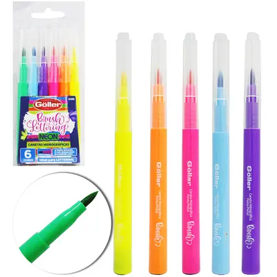 CANETA HIDROGRAFICA PINCEL BRUSH LETTERING NEON COM 6 PECAS