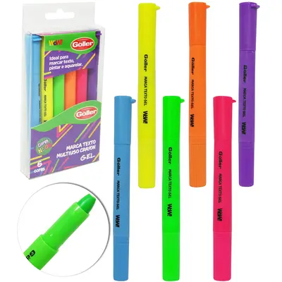 CANETA MARCA TEXTO MULTIUSO CRAYON GEL COLORS NEON COM 6 PECAS