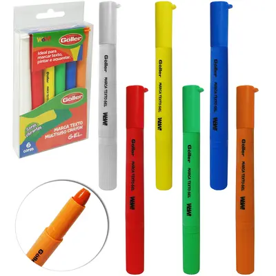 CANETA MARCA TEXTO MULTIUSO CRAYON GEL COLORS VIBRANTES COM 6 PECAS
