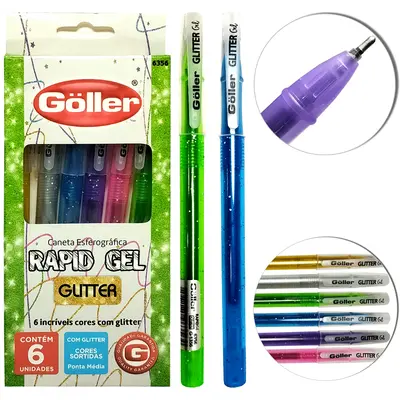CANETA ESFEROGRAFICA RAPID GEL GLITTER COLORS 1.0MM PONTA MEDIA COM 6 PECAS