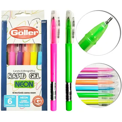 CANETA ESFEROGRAFICA RAPID GEL NEON COLORS 1.0MM PONTA MEDIA COM 6 PECAS