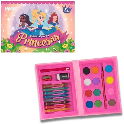 ESTOJO MALETA ESCOLAR PRINCESA COM GIZ DE CERA + APONTADOR E ACESSORIOS 24 PECAS