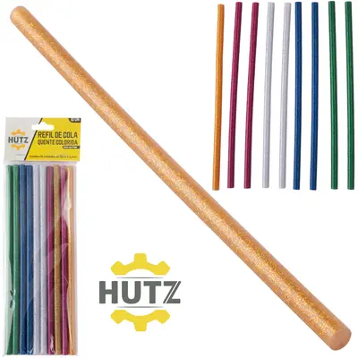 REFIL DE COLA QUENTE FINO BASTAO GLITTER COLORIDA HUTZ 73G COM 10 PECAS 7MMX19CM