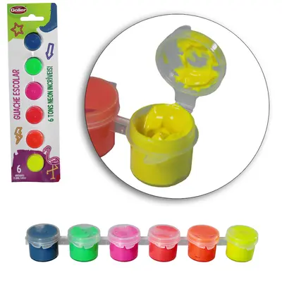 TINTA GUACHE ESCOLAR COM 6 CORES NEON 3,8ML