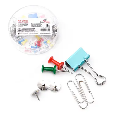 KIT ESCRITORIO COM CLIPS + BINDERS + TACHINHA PERCEVEJO E ALFINETE TACHINHA PARA MAPA E CORTICA WIN PAPER 79 PECAS