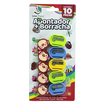 KIT ESCOLAR COM APONTADOR + BORRACHA MACAQUINHO INTER PAPER 10 PECAS