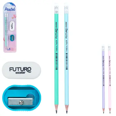 KIT ESCOLAR COM 2 LAPIS HB GRAFITE REDONDO + APONTADOR + BORRACHA PASTEL FUTURO ESCOLAR